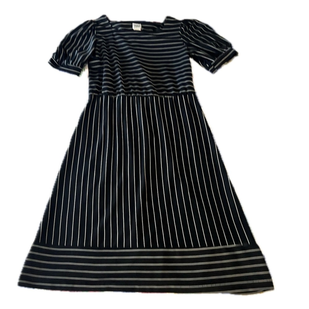 Vintage 70s Oops California Black White Striped Puff Sleeve Midi Dress Sz 11/12